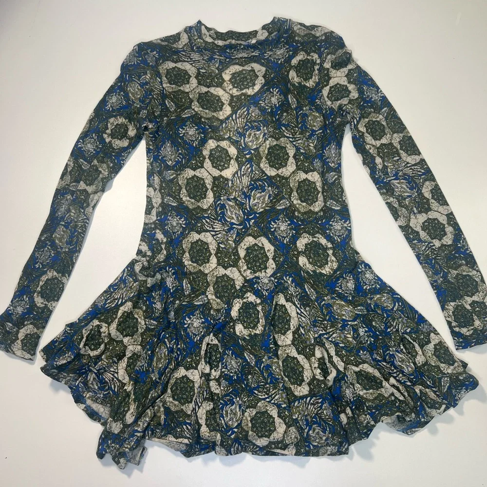 Free People Annabelle Mock Neck Tunic Dress in Cobalt Blue and Green Size Small - Picture 2 of 11